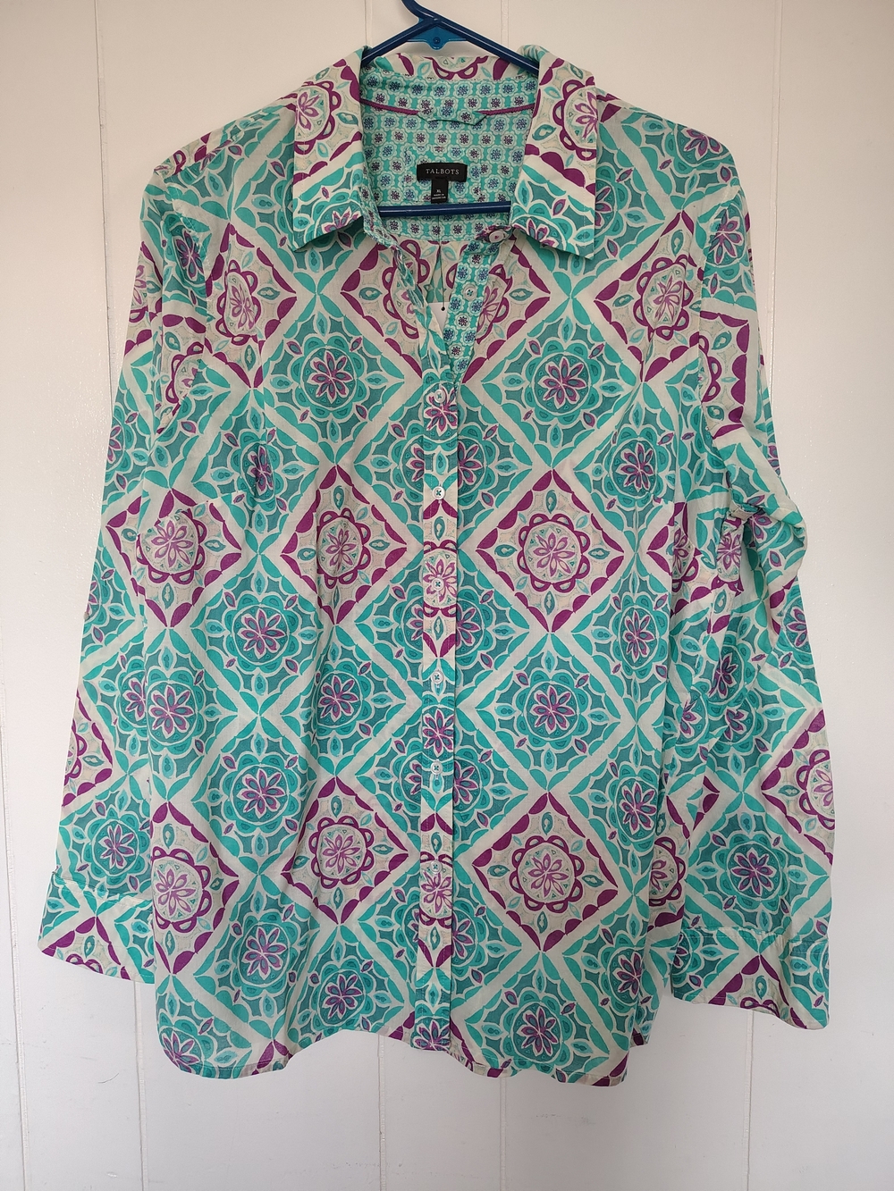 Talbots Turquoise & Purple Patterned Button-Front Blouse